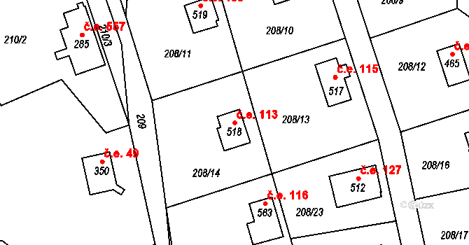Kamenný Přívoz 113 na parcele st. 518 v KÚ Kamenný Přívoz, Katastrální mapa