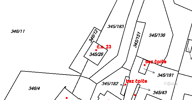 Hory 23, Horní Planá na parcele st. 345/26 v KÚ Pernek, Katastrální mapa
