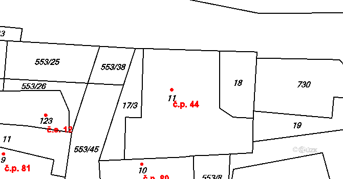 Veltruby 44 na parcele st. 11 v KÚ Veltruby, Katastrální mapa
