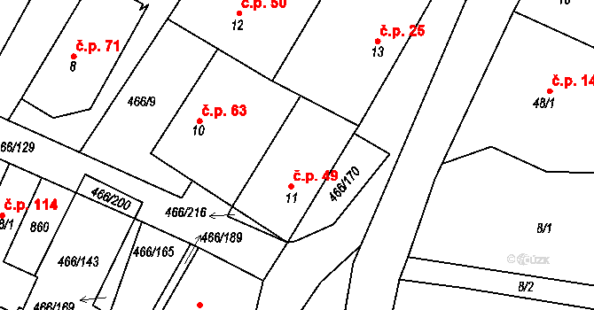 Broumy 49 na parcele st. 11 v KÚ Broumy, Katastrální mapa