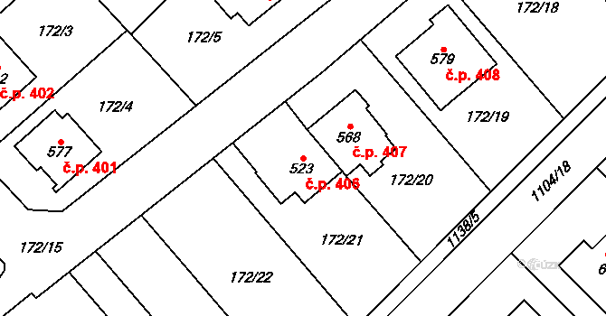 Senice na Hané 406 na parcele st. 523 v KÚ Senice na Hané, Katastrální mapa