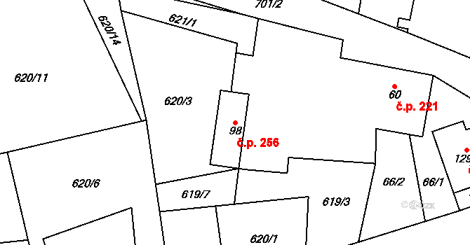 Vrbice 256, Mšené-lázně na parcele st. 98 v KÚ Vrbice u Mšeného-lázní, Katastrální mapa