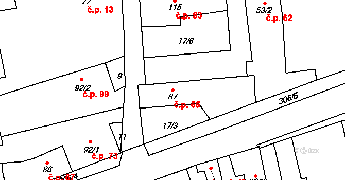 Mlékojedy 65 na parcele st. 87 v KÚ Mlékojedy u Litoměřic, Katastrální mapa