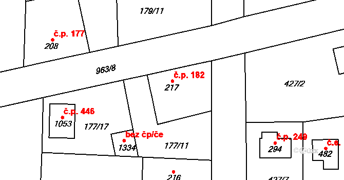 Velké Popovice 182 na parcele st. 217 v KÚ Velké Popovice, Katastrální mapa