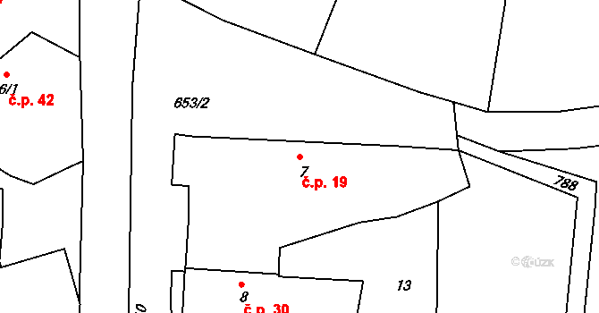 Uzeničky 19 na parcele st. 7 v KÚ Uzeničky, Katastrální mapa