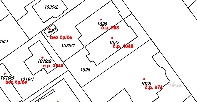 Teplice 1046 na parcele st. 1027 v KÚ Teplice, Katastrální mapa