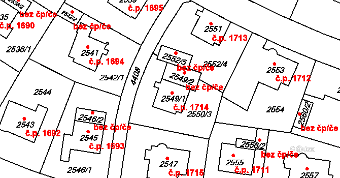 Teplice 1714 na parcele st. 2549/1 v KÚ Teplice, Katastrální mapa