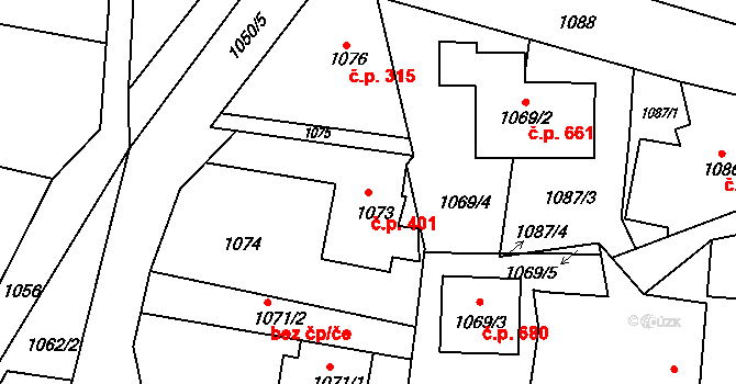 Jablůnka 401 na parcele st. 1073 v KÚ Jablůnka, Katastrální mapa