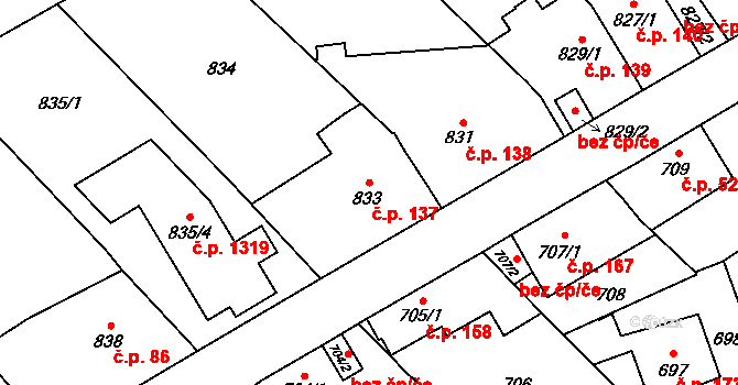 Radotín 137, Praha na parcele st. 833 v KÚ Radotín, Katastrální mapa
