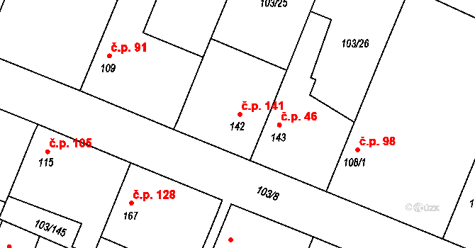Břežany II 141 na parcele st. 142 v KÚ Břežany II, Katastrální mapa