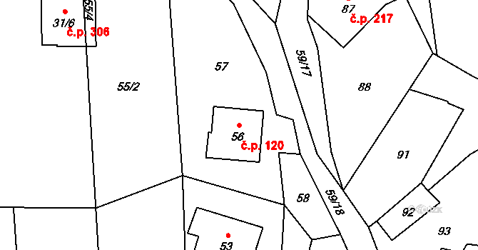 Horní Jasenka 120, Vsetín na parcele st. 56 v KÚ Jasenka, Katastrální mapa