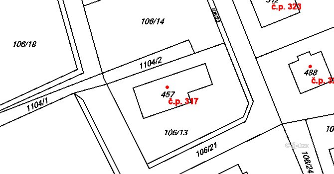 Cerhovice 317 na parcele st. 457 v KÚ Cerhovice, Katastrální mapa