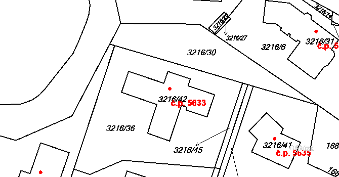 Chomutov 5633 na parcele st. 3216/42 v KÚ Chomutov II, Katastrální mapa