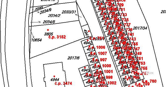 Hodonín 1006 na parcele st. 4942 v KÚ Hodonín, Katastrální mapa