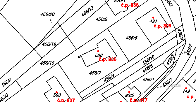 Chvalčov 835 na parcele st. 536 v KÚ Chvalčova Lhota, Katastrální mapa