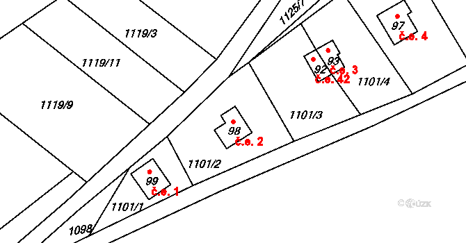 Kácovec 2, Tichonice na parcele st. 98 v KÚ Tichonice, Katastrální mapa