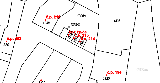 Bystřice nad Pernštejnem 214 na parcele st. 1342 v KÚ Bystřice nad Pernštejnem, Katastrální mapa