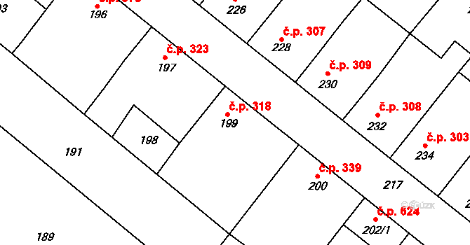 Spytihněv 318 na parcele st. 199 v KÚ Spytihněv, Katastrální mapa