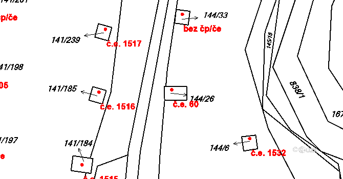 Červený Hrádek 60, Jirkov na parcele st. 144/26 v KÚ Červený Hrádek u Jirkova, Katastrální mapa