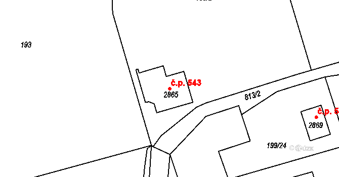 Brunšov 543, Hradištko na parcele st. 2865 v KÚ Hradištko pod Medníkem, Katastrální mapa