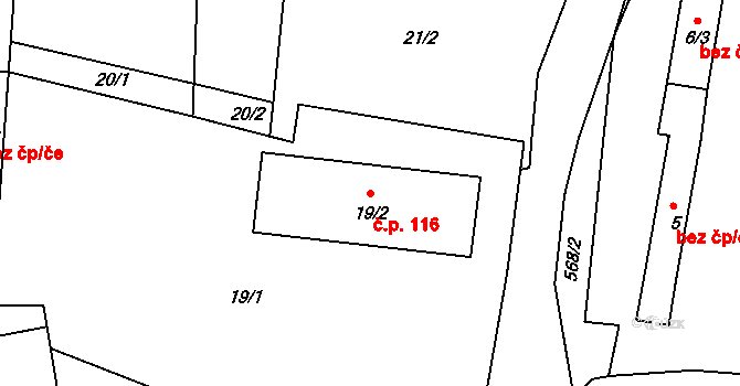 Malesice 116, Plzeň na parcele st. 19/2 v KÚ Malesice, Katastrální mapa
