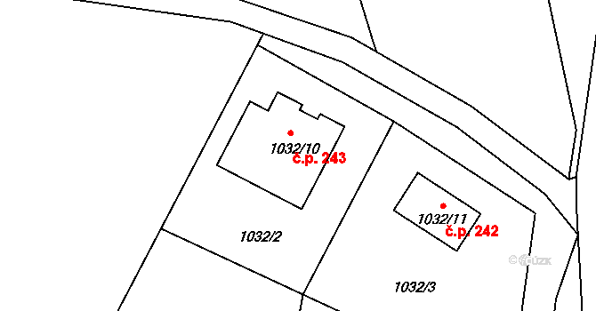 Hlízov 243 na parcele st. 1032/10 v KÚ Hlízov, Katastrální mapa