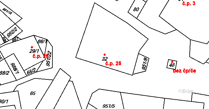 Útěchovice 25 na parcele st. 32 v KÚ Útěchovice u Hořepníku, Katastrální mapa
