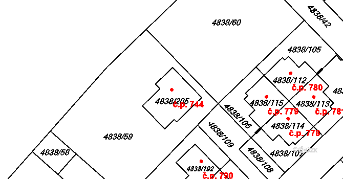 Sviadnov 744 na parcele st. 4838/205 v KÚ Sviadnov, Katastrální mapa