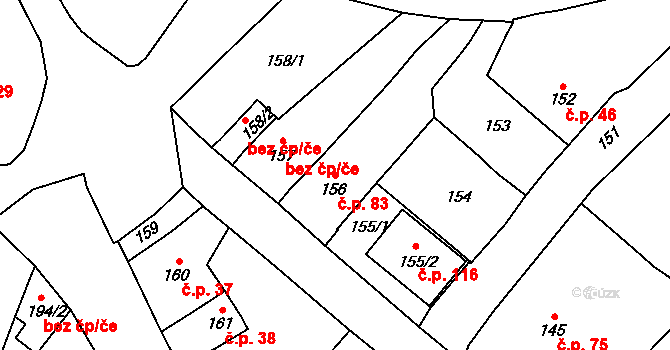 Tetětice 83, Počenice-Tetětice na parcele st. 156 v KÚ Tetětice, Katastrální mapa
