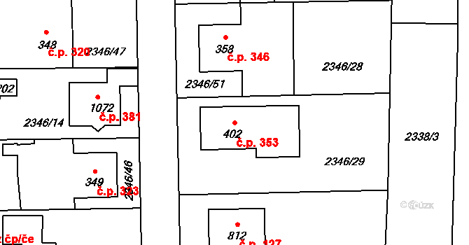 Kamenný Újezd 353 na parcele st. 402 v KÚ Kamenný Újezd, Katastrální mapa