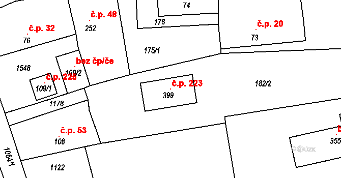 Ovčáry 223 na parcele st. 399 v KÚ Ovčáry u Dřís, Katastrální mapa