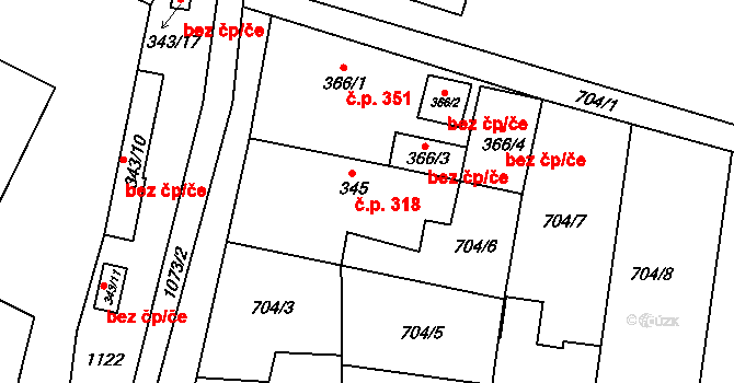 Rožďalovice 318 na parcele st. 345 v KÚ Rožďalovice, Katastrální mapa