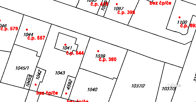 Čelákovice 380 na parcele st. 1039 v KÚ Čelákovice, Katastrální mapa