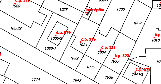 Hrušovany u Brna 319 na parcele st. 1031 v KÚ Hrušovany u Brna, Katastrální mapa