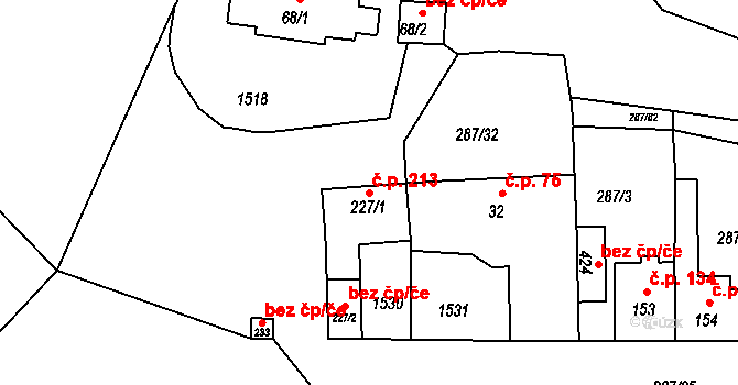 Tetín 213 na parcele st. 227/1 v KÚ Tetín u Berouna, Katastrální mapa