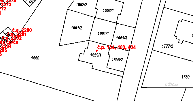 Hlubočky 134,403,404 na parcele st. 1659/1 v KÚ Hlubočky, Katastrální mapa
