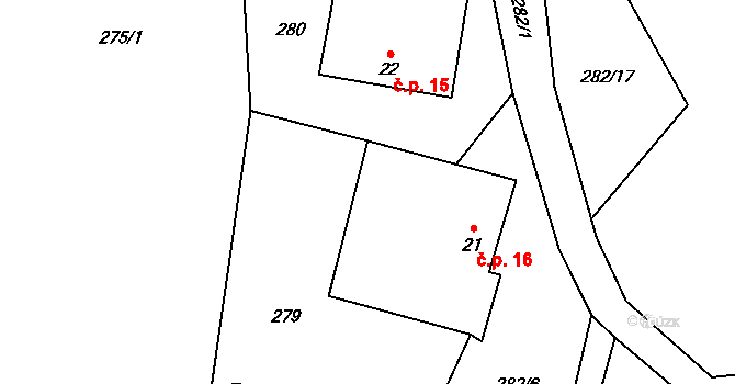 Stradov 16, Komařice na parcele st. 21 v KÚ Sedlo u Komařic, Katastrální mapa
