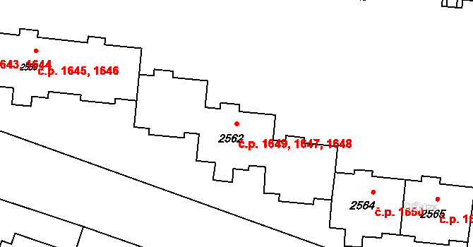 Rožnov pod Radhoštěm 1647,1648,1649 na parcele st. 2562 v KÚ Rožnov pod Radhoštěm, Katastrální mapa