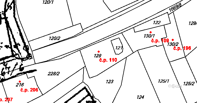 Ostrov u Macochy 110 na parcele st. 129 v KÚ Ostrov u Macochy, Katastrální mapa