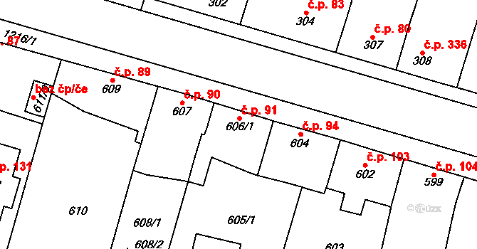 Nebušice 91, Praha na parcele st. 606/1 v KÚ Nebušice, Katastrální mapa