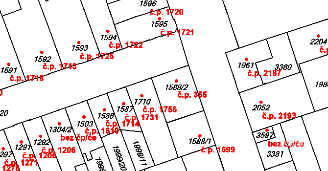 Hodonín 355 na parcele st. 1588/2 v KÚ Hodonín, Katastrální mapa