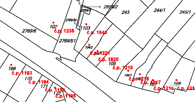 Ivančice 1220 na parcele st. 104/1 v KÚ Kounické Předměstí, Katastrální mapa