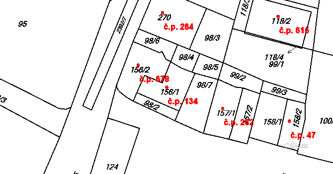 Rosice 134 na parcele st. 156/1 v KÚ Rosice u Brna, Katastrální mapa