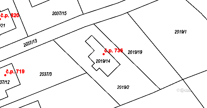 Planá nad Lužnicí 736 na parcele st. 2019/14 v KÚ Planá nad Lužnicí, Katastrální mapa