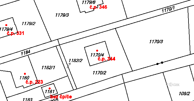 Kunčičky u Bašky 344, Baška na parcele st. 1170/4 v KÚ Kunčičky u Bašky, Katastrální mapa