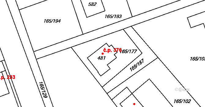 Hostouň 376 na parcele st. 481 v KÚ Hostouň u Prahy, Katastrální mapa