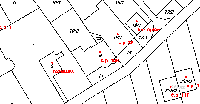 Topolany 108, Olomouc na parcele st. 9 v KÚ Topolany u Olomouce, Katastrální mapa