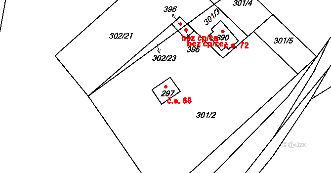 Dolní Bělá 68 na parcele st. 297 v KÚ Dolní Bělá, Katastrální mapa
