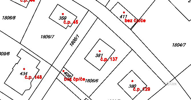 Hvězdonice 137 na parcele st. 381 v KÚ Hvězdonice, Katastrální mapa