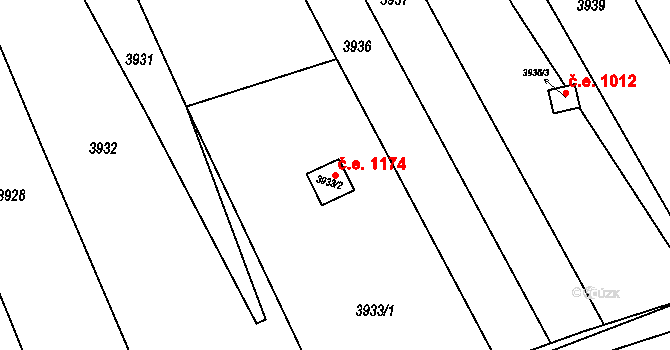 Řečkovice 1174, Brno na parcele st. 3933/2 v KÚ Řečkovice, Katastrální mapa